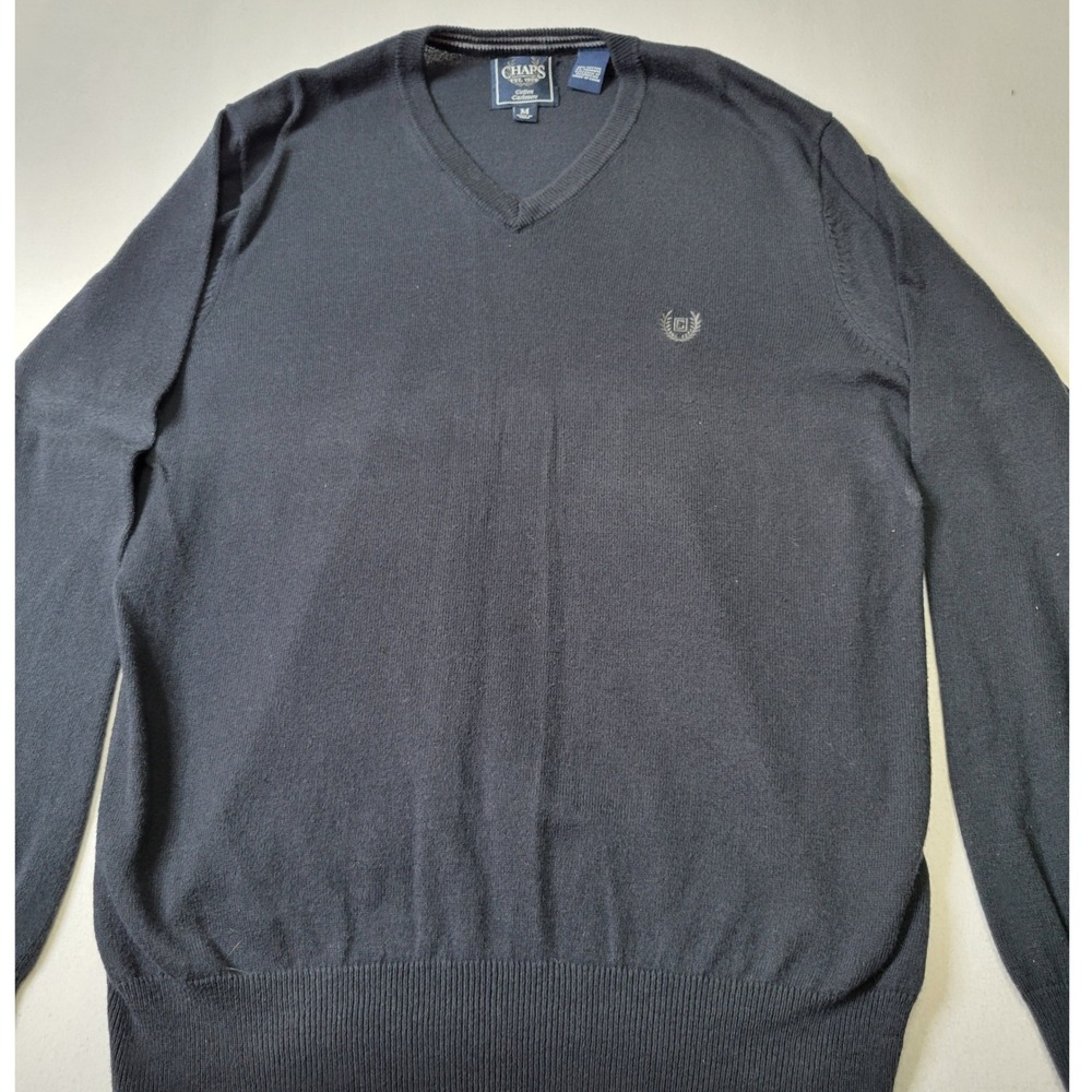 Chaps Mens V-Neck Sweater Navy Blue Cotton Cashmere Blend Logo Size M 1021